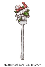 Italian pasta with shrimp on a fork. Hand drawn vector illustration. Italian food. Seafood. Penne pasta on a fork sketch. Design element.