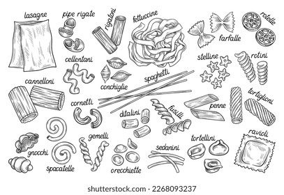 Italian pasta sketch set. Icons with different type of macaroni. Hand drawn cooking ingredients. Spaghetti, fettuccine, ravioli, farfalle. Cartoon linear vector collection isolated on white background