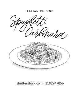 Italian Pasta Spaghetti Carbonara On A Plate, Sketch Style Vector Illustration