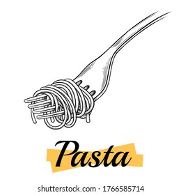 Italian pasta. Spaghetti on a fork. Vector vintage black illustration isolated on a white background. Engraving, outline, ink style.