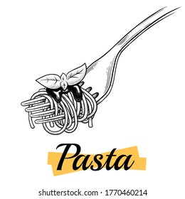 Italian pasta. Spaghetti on a fork with sauce and herbs. Vector vintage black illustration isolated on a white background. Engraving, outline, ink style.