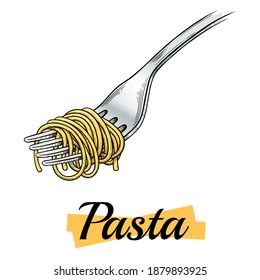 Italian pasta. Spaghetti on a fork. Vector vintage black illustration isolated on a white background. Engraving, outline, ink style, in color.