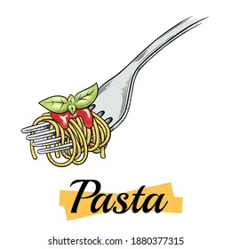 Italian pasta. Spaghetti on a fork in color. Vector vintage black illustration isolated on a white background. Engraving, outline, ink style.