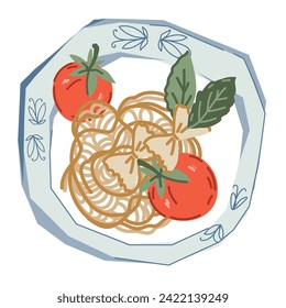 pasta italiana, espagueti en el plato para el diseño de etiqueta o emblema. Plantilla de etiqueta para plato y embalaje de fideos, ilustración vectorial dibujada a mano plana aislada en fondo blanco.