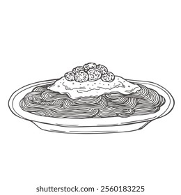 Italian pasta. Spaghetti on plate. Hand drawn design element for menu. Outline, ink.