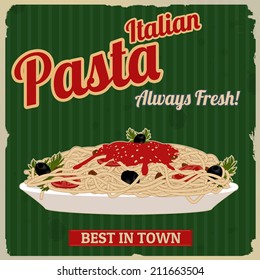 Italian pasta. Spaghetti with sauce poster in vintage style, vector illustration