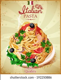 Italian pasta. Spaghetti with sauce. Restaurant menu. Poster in vintage style.