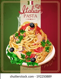 Italian pasta. Spaghetti with sauce. Restaurant menu. Poster in vintage style.