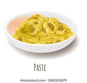 Italian pasta with spices, tasty mediterranean dish with healthy ingredients. Meal and food full in calories. Isolated plate with spaghetti and cheese seasoned with green onion. Vector in flat style