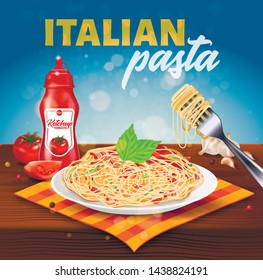 Italian Pasta Square Banner. Plate with Spaghetti Covered with Bacon, Tomato Slices, Basil Stand on Textile Napkin on Wooden Table with Ketchup Bottle and Fork Banner 3D Vector Realistic Illustration