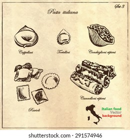 Italian pasta stuffed full in retro style. Collection of Italian pasta. Sketches. Hand-drawing. Vector illustration. Elements for design.