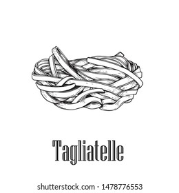 Italian pasta Tagliatelle. Home made pasta. Hand drawn sketch style illustration of traditional italian food. Best for menu designs and packaging. Vector drawing isolated on white background.