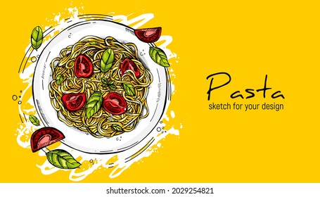 italian pasta with tomato and basil. Hand drawing sketch.