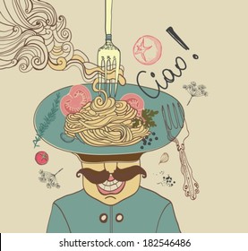 Italian pasta with tomato and chief cook man illustration, VECTOR
