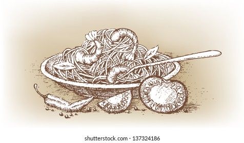 Italian pasta with tomato drawn by hand