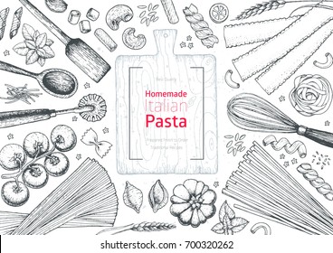 Italian pasta top view frame. Hand drawn vector illustration. Collection of pasta different types. Italian food design template. Engraved sketch style.