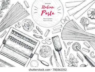 Italian pasta top view frame. Hand drawn vector illustration. Collection of pasta different types. Pasta production design template. Italian food design template. Engraved sketch style.