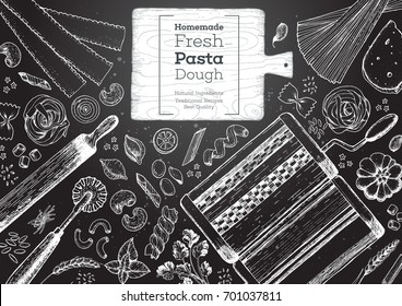 Italian pasta top view frame. Hand drawn vector illustration. Collection of pasta different types. Italian food design template. Engraved sketch style.