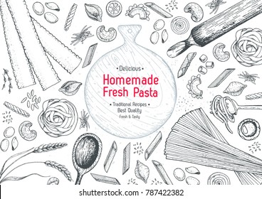 Italian pasta top view frame. Hand drawn vector illustration. Collection of pasta different types. Italian food design template. Engraved sketch style.