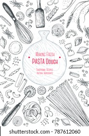 Italian pasta top view frame. Hand drawn vector illustration. Collection of pasta different types. Italian food design template. Engraved sketch style. Linear graphic.