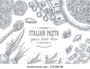 Italian pasta top view table frame. Food design template. Pasta and meat illustration. Vector illustration