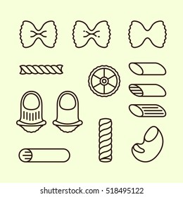 Italian Pasta Types Macaroni Food Minimalistic Flat Line Contour Stroke Vector Icon Set