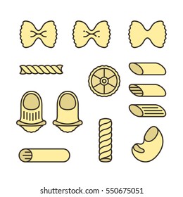 Italian Pasta Types Macaroni Food Minimalistic Colorful Flat Line Contour Stroke Vector Icon Set