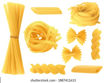 Italian pasta types. Realistic 3d dry spaghetti, penne, and homemade tagliatelle, organic farfalle and wheat fusilli. Culinary products collection, cooking ingredient vector isolated on white food set