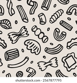 Italian pasta types seamless pattern with hand-drawn doodle elements. Vector set for print, decor, textile or paper design. Traditional Italian food.