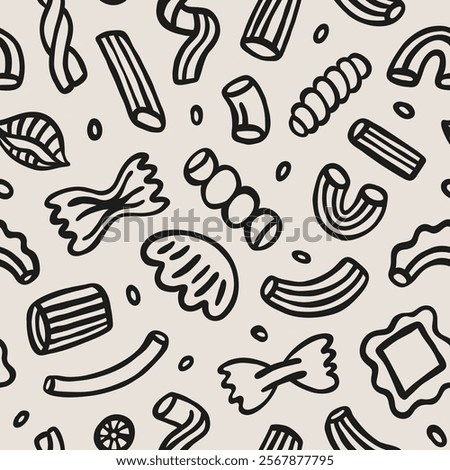 Italian pasta types seamless pattern with hand-drawn doodle elements. Vector set for print, decor, textile or paper design. Traditional Italian food.