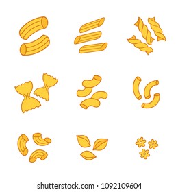 Italian pasta types set, different shapes of macaroni. Hand drawn isolated vector illustration.