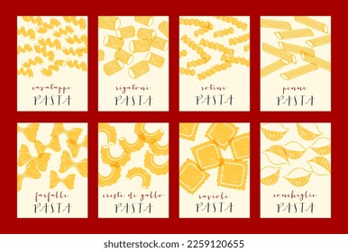 Pastas de pasta italiana. Ilustración de afiches. Impresiones modernas para el diseño de menús, libros de cocina, invitaciones, tarjetas de felicitación.