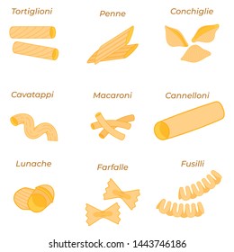 Italian pasta types. Vector illustration set of dry macaroni: tortiglioni, fusilli, conchiglie, cavatappi, farfalle, penne, macaroni, lunache, cannelloni isolated on white background