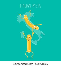 Italian pasta vector. Cartoon characters smiling and laughing. Funny pasta, food vector.