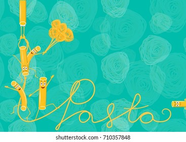 Italian pasta vector. Cartoon characters smiling and laughing. Funny pasta, food vector.