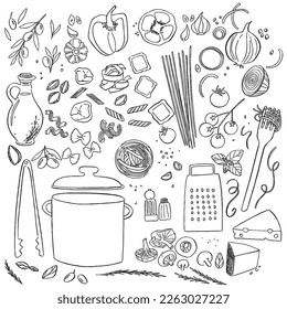 Italian Pasta. Vector food sketch icon set. Hand drawn doodle pasta cooking ingredients. Fettuccine Penne Farfalle Spaghetti ingredients for Italian cooking. For restaurant menu packaging background.