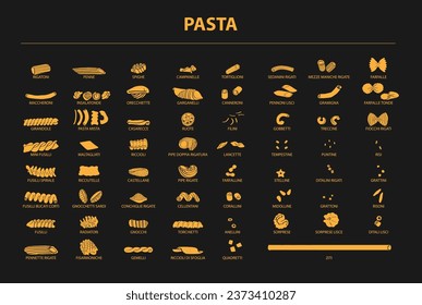 Italian Pasta. Vector food sketch icon set. Doodle macaroni illustration. Hand drawn cooking collection. Pasta Fettuccine Fusilli Gobetti Rigatoni Capellini Conchiglie Tortiglioni Penne Farfalle Fiori