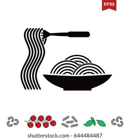Icono vector de pasta o logotipo italiano aislado en blanco. Spaghetti estilizado o plantilla de fideos para Internet, diseño, decoración