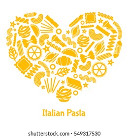 Italian pasta. Vector illustration in heart shape. Great for menu, banner, flyer, card, business promote.