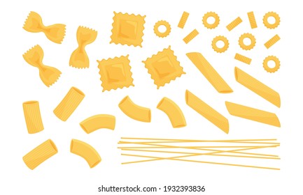 Italian pasta vector set. Wheat different types raw food. Macaroni, spaghetti, noodle, farfalle, penne,  ravioli. Tasty illustration