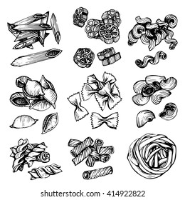 Italian Pasta vector sketch. Hand drawn vector illustration of macaroni. Sketch set of pasta.