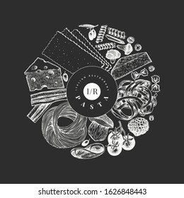 Italian pasta wits additions design template. Hand drawn vector food illustration on chalk board. Engraved style. Vintage pasta different kinds background.