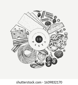 Italian pasta wits additions design template. Hand drawn vector food illustration. Engraved style. Vintage pasta different kinds background.