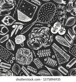 Italian pasta wits additions seamless pattern. Hand drawn vector food illustration on chalk board. Engraved style. Vintage pasta different kinds background.