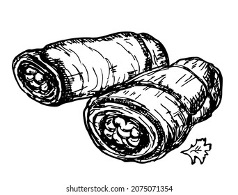 Italian pastries cannoncino. Vector outline illustration in sketch style for cafe and bakery menu or logo, label and bread packaging. Tube-shaped puff pastry with sweet filling. Buffet snack.