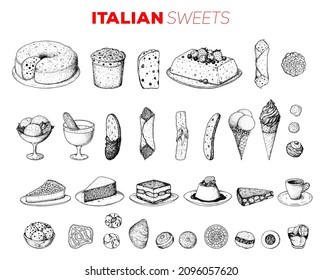 Italian pastries vector illustration. Italian food hand drawn sketch. Sweet menu. Baking collection. Vintage design template. Desserts. Bakery cooking sketch illustration. Italian cuisine.	
