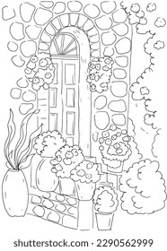 Italian patio coloring hand-drawn on a white background door masonry vases with flowers Provence old buildings