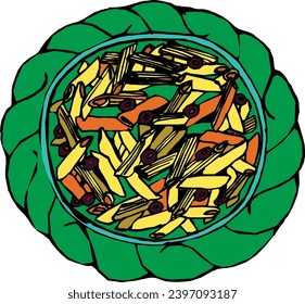 Italian penne pasta noodles with chicken, dill and tomato. Italian noodles food recipes. Healthy pasta spaghetti noodles menu close up illustration vector in EPS10