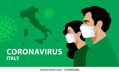 Italian people in respiratory mask. Coronavirus alarm, protection and prevention in Italy, Europe. Italy country shape. Modern vector illustration on social topic.