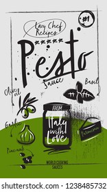 Italian Pesto sauce, glass jar and ingredients. Poster with Charcoal Pesto and lettering